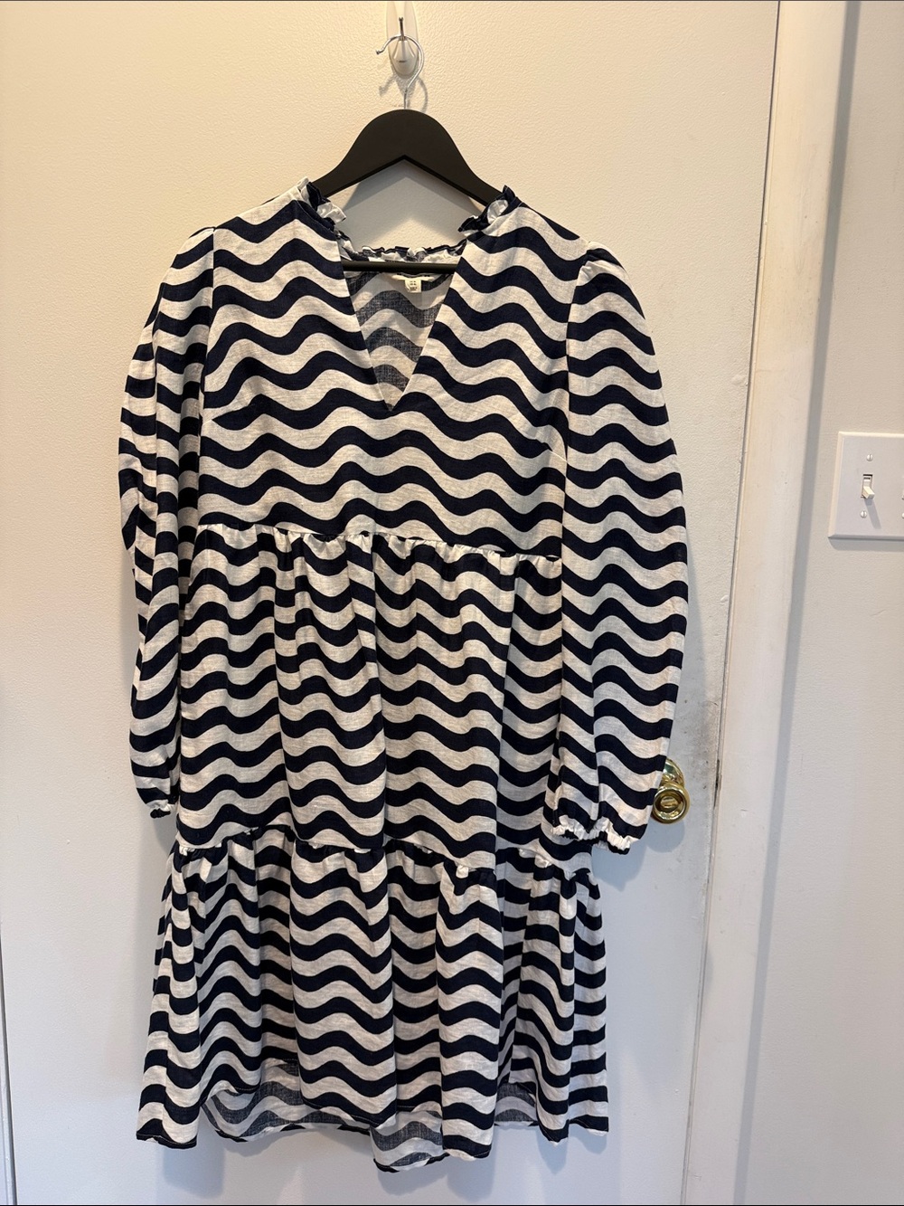 Boden Navy and White Wave-Stripe Tiered Mini Dress
